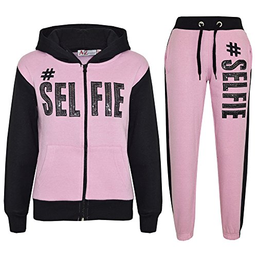 A2Z 4 Kids Girls Tracksuit Hooded Sweatshirt Top Bottoms Comfortable Gym Jogging Suit - T.S SELFIE Baby Pink Black 7-8