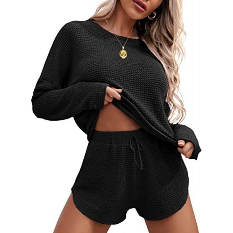 TANMESSO Womens Waffle Knit Pajama Sets Long Sleeve Top with Shorts - Matching Lounge Set