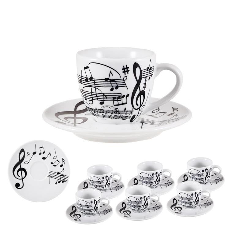 DRW Set 6 tazze con piatto in porcellana decorate con note musicali tazza: 6,5 x 6,5 x 6,5 x 6 cm