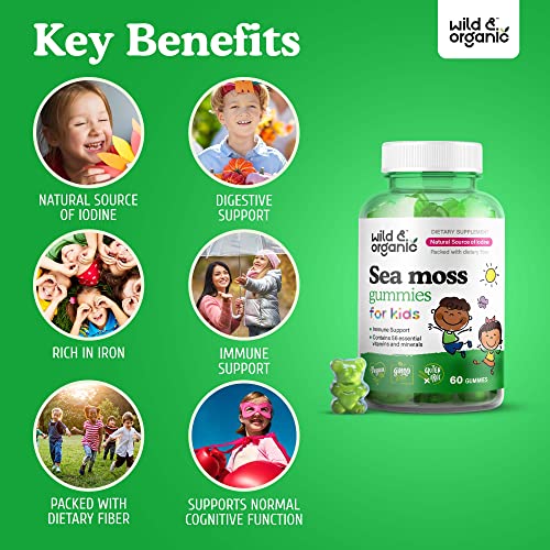 Wild & Organic Sea Moss Gummies For Kids - Vitamins & Iodine Rich Sea Moss Gummy For Immune Support - Digestive & Thyroid Health Supplements W/Raw Irish Moss, Bladderwrack & Chicory Root - 60 Pcs #TOP3