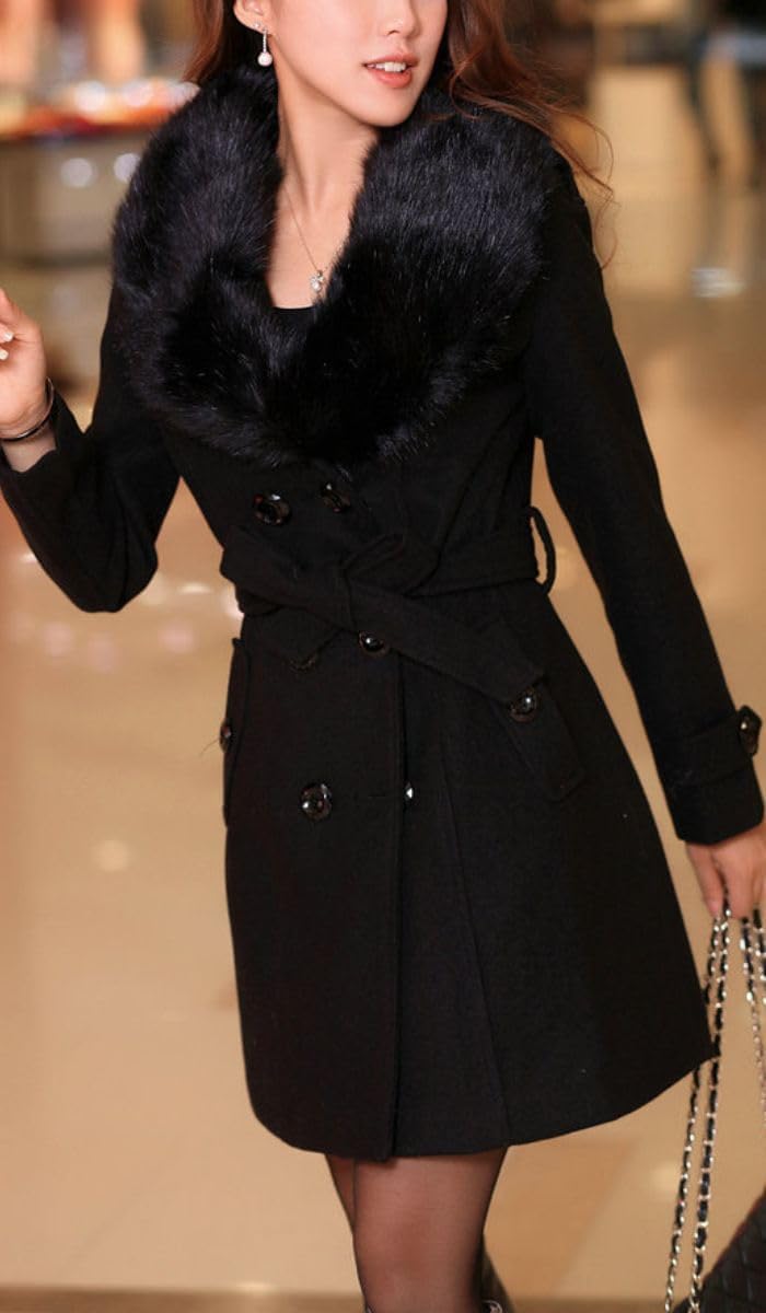 Cappotto Invernale Lungo da Donna Elegante Doppiopetto di Media Lunghezza con Collo in Pelliccia Sintetica Maniche Lunghe con Cintura Trench Invernale
