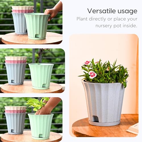 Image of Eha Earth Friendly Ace 7 inch Small Self Watering Pots for Indoor Plants | Set of 6 | Plant Pot Made with Bamboo Fibers | Table Top Planters for Home Decor, Flower Pot for Living Room | Multicolor