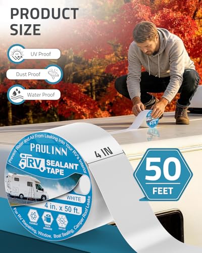 Image of PAULINN RV Camper Roofing Repair Sealant Tape White, 4 Inch X 50 Foot Natural Rubber Roof Sealing Tape, UV & Weatherproof Roof Seal Tape for RV Camper Trailer Boat Sealing Leak Repair