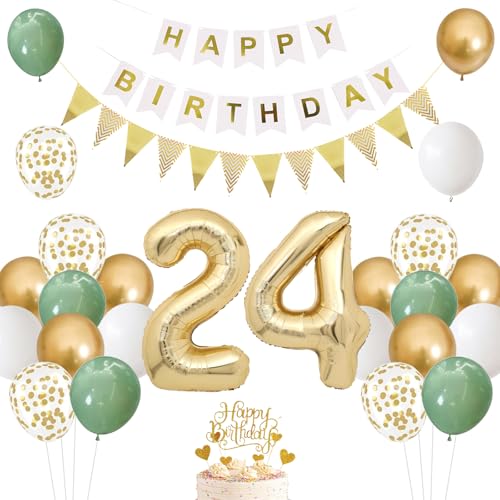 Décoration d'anniversaire 24 ans, décoration pour femme 24 ans en vert sauge doré, décoration d'anniversaire 24 ans pour femme, ballons 24 ans Happy Birthday, guirlande ballon 24 décoration pour