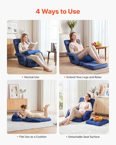 Image of VEVOR Floor Chair, 5 Adjustable Positions Folding Floor Gaming Chair with Back Support, Armrests, and Cushion, Sturdy Metal Frame with Recycled Foam and Linen Fabric, for Reading, Relaxing, Dark Blue