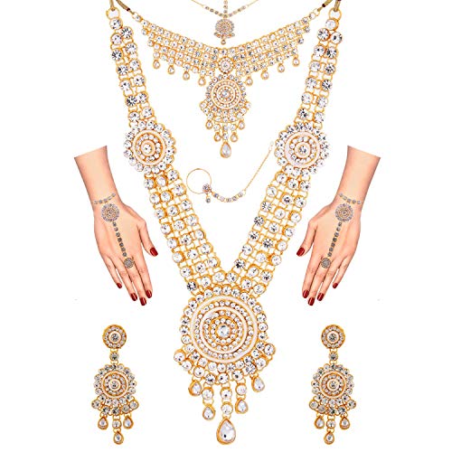 Archi Collection Traditional Bridal Crystal Necklace Earrings Mangtikka Nath Hathphool Dulhan Jewellery Set
