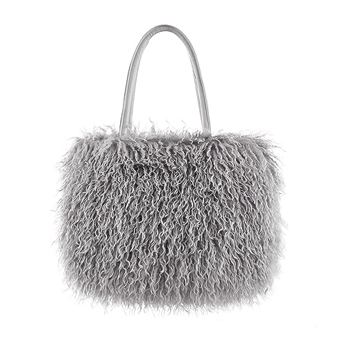 Image of Women's Fuzzy Tote Bag Curly Handbag Furry Shoulder Bag Large Plush Top Handle Purses Winter