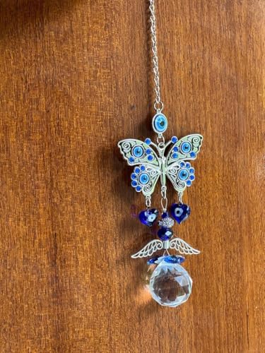 Image of BLUE BEADS Turkish Feng Shui Vastu Blue Glass Evil Eye Hanging /Door Hanging Nazar Batu for Protection and Good Luck - Perfect for Gifting Home or Office (SUNCATCHER-BTRFLY)