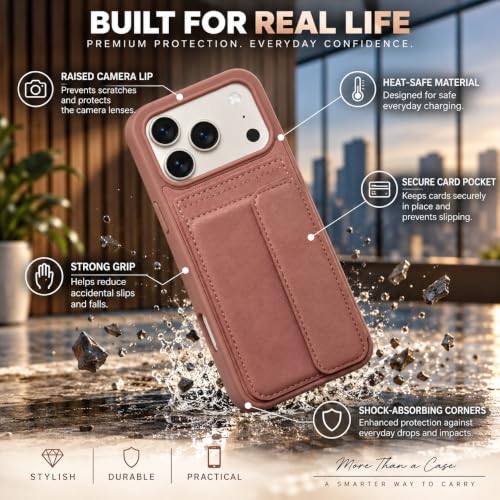 Image of amazon basics Luxury Vegan Leather Back Cover for iPhone 17 Pro Max | Built-in Card Holder Slot | Integrated Mobile Stand | Slim Shockproof Protective Case with Stitched Finish - Pink