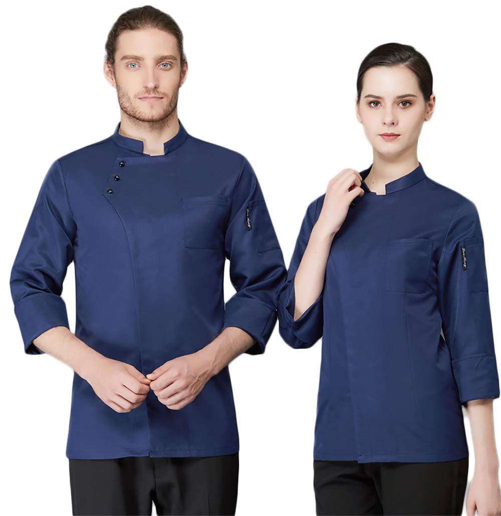 Zangaiyizu Unisex Chef Jacket Long Sleeve Coat Kitchen Uniforms with Pockets Stylish Western-Style Oblique Collar Design Chef Jacket High Moisture Absorption Sweat Releasing,Blue,XL