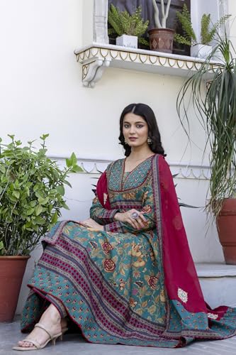 Image of Pistaa's Women's Pure Cotton Anarkali Floral Printed Kurta with Palazzo & Dupatta Set