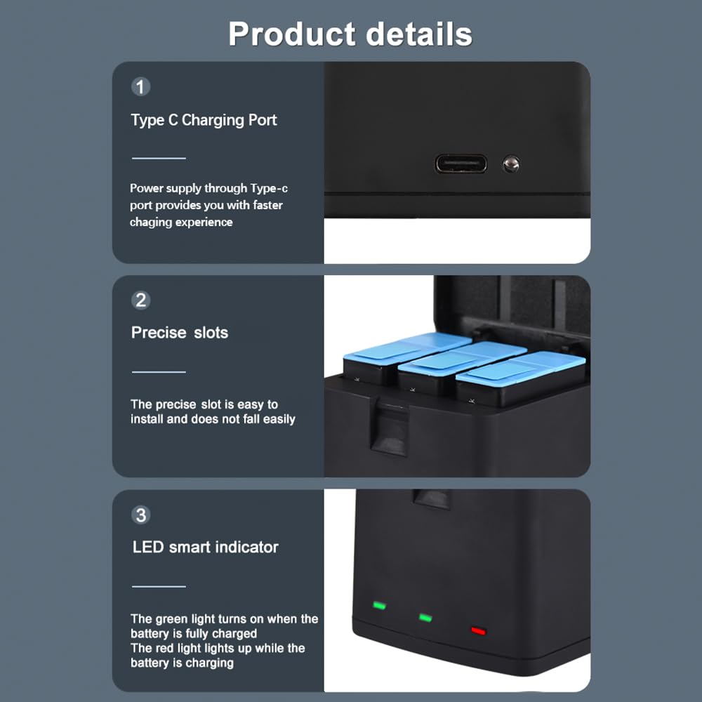Andoer Batería de 3 Piezas de 1800 mAh + Cargador de batería de 3 Ranuras con Puerto USB Compatible con GoPro Hero 12/11/10/9