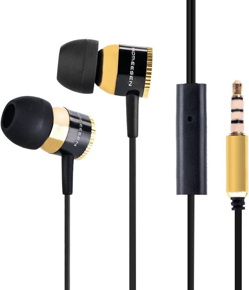 FUDEECON(TM) In-Ear Earbuds Headphones FDC-EP218M-G/B Premium Metal Housing Universal 3.5mm Plug Stereo Earphones Low Distortion Noise Isolating Headsets with Microphone - Gold/ Black