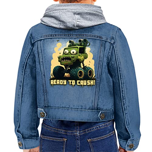Ready to Crush Toddler Hooded Denim Jacket - Truck Graphic Jean Jacket - Art Denim Jacket for Kids