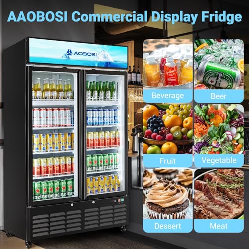Image of AAOBOSI Commercial Beverage Refrigerator, 27.02 Cu.Ft Double Glass Door Beverage Fridge, Upright Drink Cooler with Soft LED Light,Adjustable Shelves, Perfect for Home Bar, Patio, Garage, Black