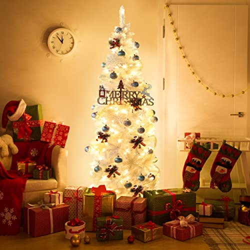 Veikou 8Ft White Christmas Tree Prelit, Artificial Christmas Tree With 350 Led Lights, Slim Pencil Christmas Tree For Indoor Home Holiday Decoration W/ 900 Tips #TOP2