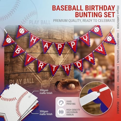 Image of Baseball Happy Birthday Banner Red Blue White Party Decorations,17Pcs Paper Bunting Birthday Supplies for Sports Theme Party,Baby Shower