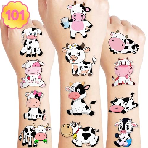 101 PCS Cow Print Farm Animals Temporary Tattoos Themed Birthday Party Decorations Favors Supplies Decor Funny Holy Cow Im One Tattoo Stickers Gifts For Boys Girls Class Prizes Carnival Cartoon