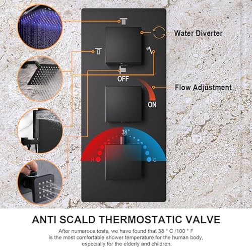 Sistema termostático de ducha doble Enga, cabezal de lluvia LED de 15.7 x 31.5 pulgadas para techo con cabezal de pared de 6 pulgadas y 6 jets corporales con interruptor, grifería multifunción de ducha, acabado negro mate miniatura 5