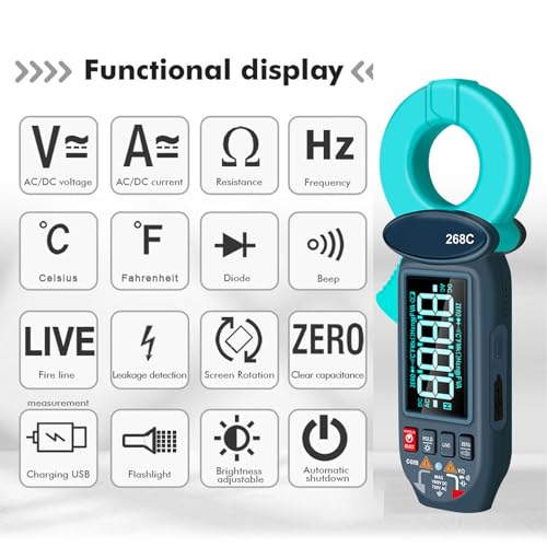 Cryfokt True RMS Pinza Amperimétrica, Multímetro Digital con Pantalla LCD para Detección de Corriente, Voltaje y Fugas AC DC, Rango Automático, Temperatura, Capacitancia, Resistencia, Prueba de Diodo y Continuidad miniatura 6