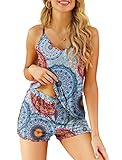 POKWAI Summer Pajamas for Women Cooling Pajamas Set Cute Petite Shorts Pjs Set(Flower Multiple Blue,Medium)