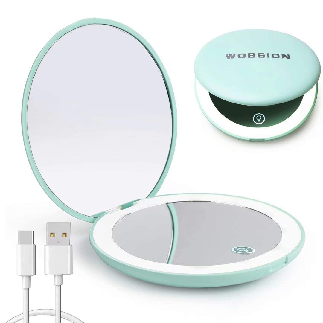 wobsion Led Compact Mirror,Rechargeable 1x/10x Magnification Compact Mirror with Light,Small Travel Makeup Mirror,Pocket Mirror for Handbag,Purse, Handheld 2-Sided Mirror,Dimmable,Gifts for Girls,Cyan