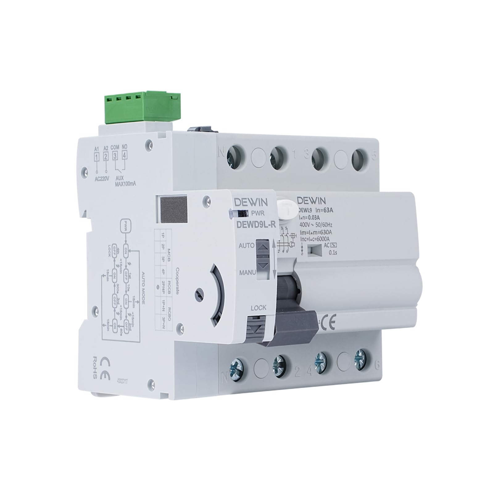 Differenziale Riarmo Automatico, 4P 63A 30ma 400V Salvavita con Riarmo Automatico RCCB Interruttore Differenziale a Riarmo Automatico Salvavita Interruttore di Protezione da Perdite