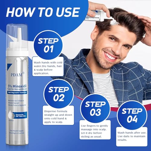 Image of PDAM 5% Minoxidil for Men and Women Foam - Clinically Proven to Regrow Thinning Hair, Topical Hair Loss Treatment, Maximum Strength Foam for Thicker & Fuller Hair, 2 Month Supply (2 x 2.11 oz)