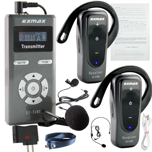 Sistema inalámbrico de guía turística EXMAX-EX-318 con transmisor y micrófono para iglesia, aulas, seminarios, negocios, exposiciones, conferencias, bodas y capacitaciones (1 transmisor y 2 receptores) miniatura 1