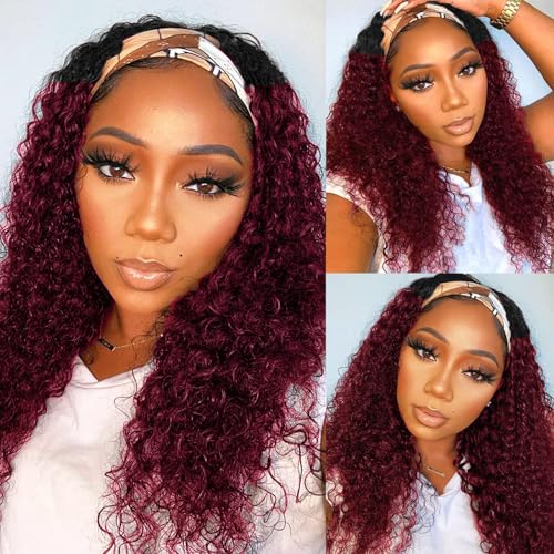 Image of Celiarita Ombre Dark Burgundy Headband Wig Human Hair Deep Wave 18 Inch None Lace Front Wigs Glueless #1B /99J Deep Curly Wave Human Hair Headband Wig Attached Half Wigs for Black Women 150% Density