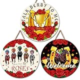 Zaamwoyy 3 Pcs Derby Wooden Hanging Door Sign, Red Flowers Horse Trophy Decorations Talk Derby to Me, Horse Racing Day Hanging Ornament for Living Room Home Decor Party Supplies