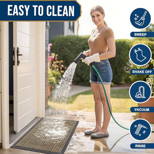 Image of Smiry Front Door Mat Outside Entrance, Heavy Duty Sturdy Natural Rubber Doormat, Trap Dirt and Moisture, Easy Clean Low Profile Mats for Indoor Outdoor Entry, Irregular Triangle (47x32, Camel)