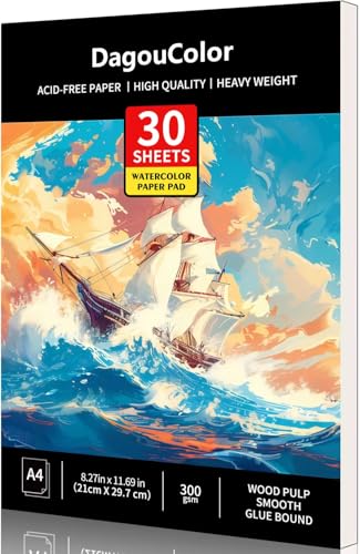 Dagoucolor Papel de aguarela, A4, 1 pacote, 30 folhas papel sem ácido 300 gsm, papel de aguarela portátil, bloco de aguarela para crianças e adultos profissional pintura, desenho e esboços