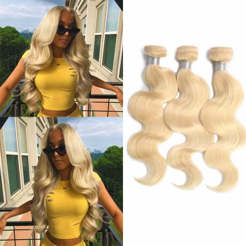 VIOLET 613 Body Wave Human Hair Bundles Deals 100% Unprocessed 3 Bundles Body Wave Double Weft Mixed Length 12 14 16 Inch Golden Hair Extensions(613 Blond Color)