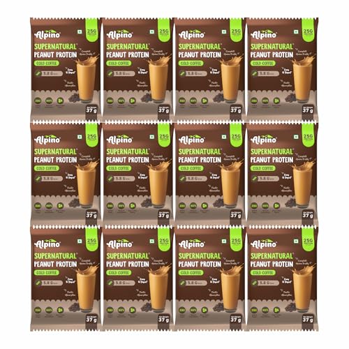 Image of Alpino Supernatural Peanut Protein Powder Cold Coffee 444g (37g x Pack of 12) - 25g Plant Based Protein, 5.8g BCAAs, Real Coffee Beans, Vegan