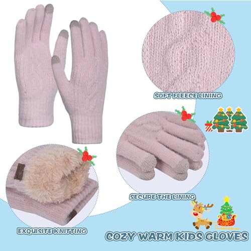 Image of Winter Hat Gloves Scarf Set for Kids Earflap Beanie with Cute Pom Knit Girls Children Baby Toddler Pink Warm Wool Fleece Lining 6 7 8 9 10 Years Old