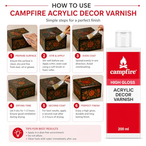 Image of Campfire Acrylic Decor High Gloss Varnish for Art, Craft, Canvas, Wood & DIY Projects | Fast Drying Gloss Varnish with 20 Minutes Settle Time for Best Results (After Dry Transperent, 100 ml)