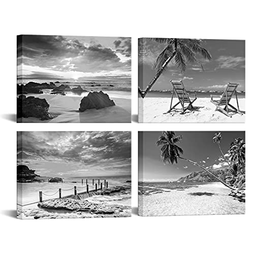 Nachic Wall Black and White Beach Wall Art Sea Sunrise Pictures Palm Tree Landscape Painting on Canvas Modern Home Living Room Bathroom Decor