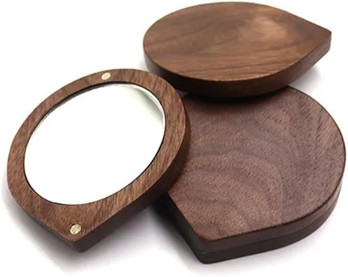 Wooden High Definition Small Mirror Convenient Hand-held Magnetic, Round Rotating Gift Makeup(Log Color-1)