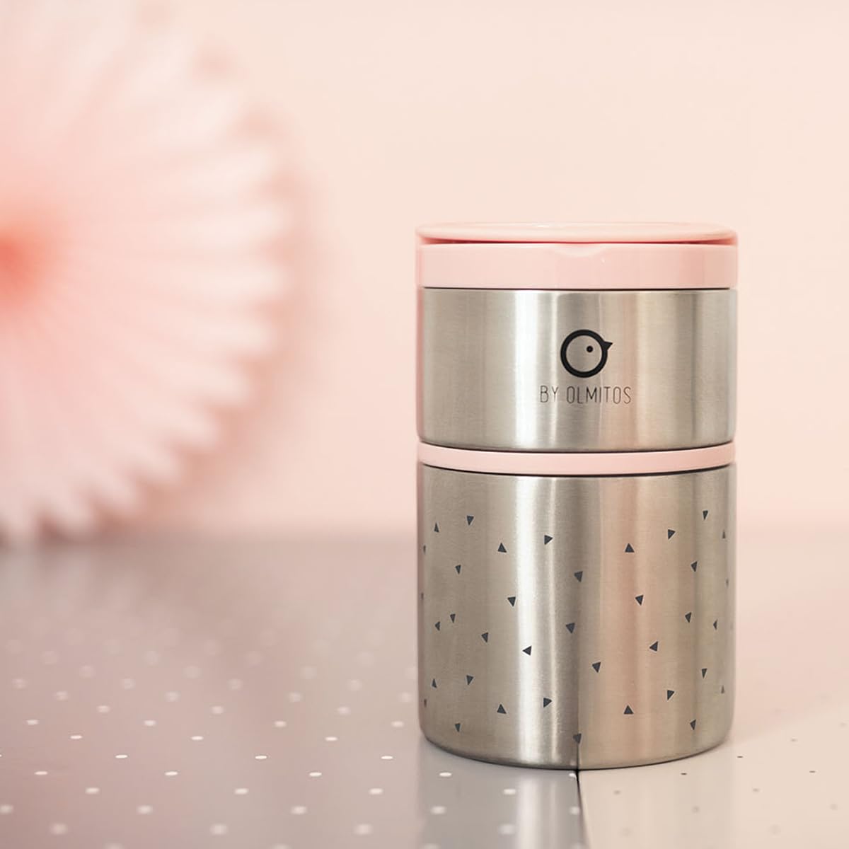 Olmitos - Termo papillero para sólidos acero inox 570ml + 250ml - Asas y aro de silicona - 11.5 x11.5 x 17.5cm (Rosa)