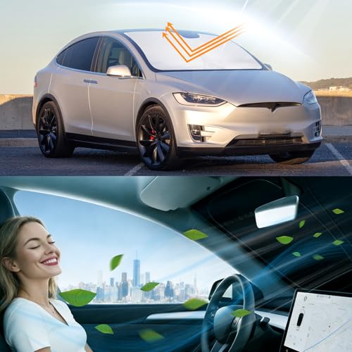 Image of Windshield Sun Shade for 2016-2026 Tesla Model X Tesla X | Foldable, Full covered for windshield, Block UV Rays, Heat Reduction, Easy to install, Keeps Car Cooler