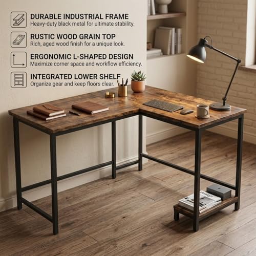 Image of L Shaped Computer Desk for Home Office | Multi-Purpose Study Table & Gaming | Engineered Wood Corner Workstation for Laptop & PC | Space Saving Desk | Rustic Brown | 130X50X75cm
