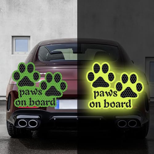 Image of 2pcs Reflective Paw Print Decal Dog Paws on Board Car Window Sticker Safety Warning Sign Stickers Funny Reflective Vinyl Stickers for Car Motorcycles Laptop (Fluorescent Green)