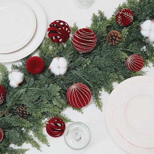 Image of 4inch Velvet Ornaments for Christmas Tree, 9PCS Glitter Flocked Christmas Ornaments Decorations Balls Set Decor Red