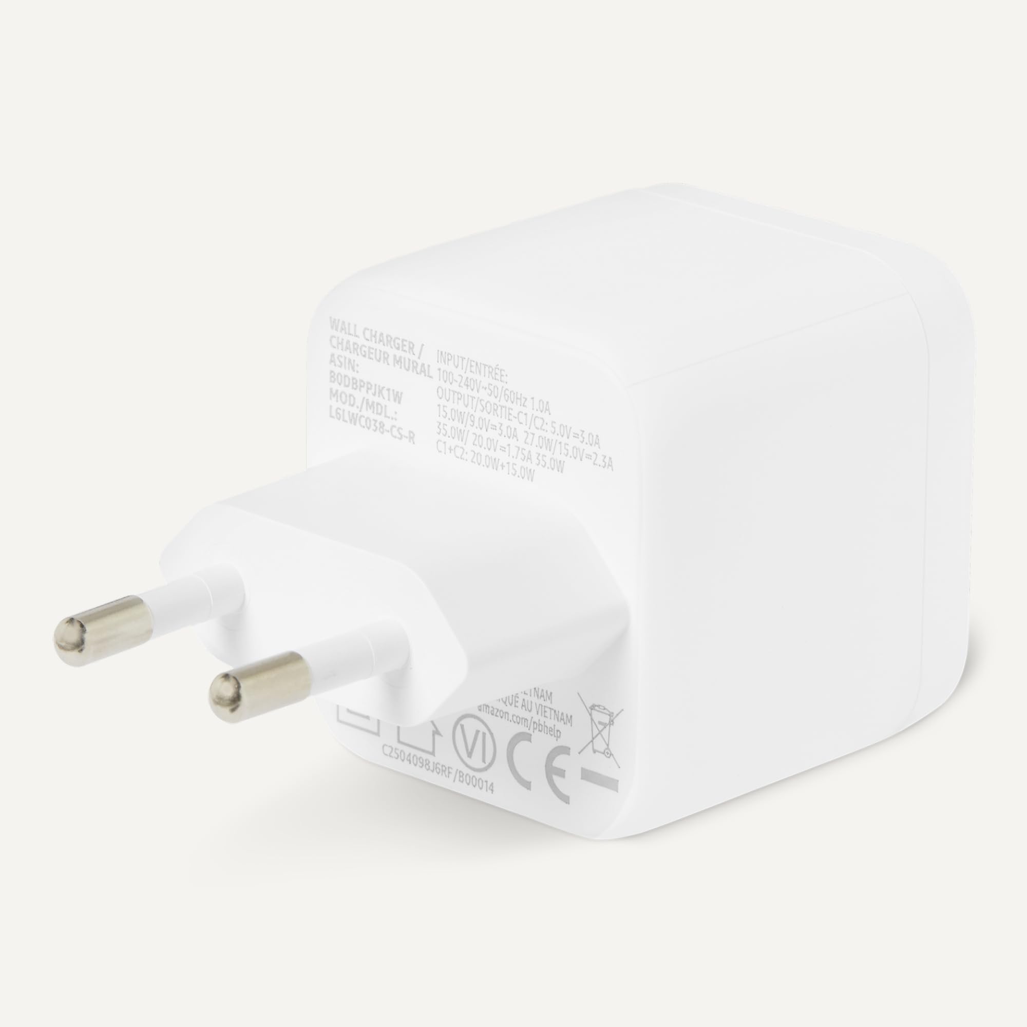 Amazon Basics Cargador de Pared USB-C Nano GaN de Carga Rápida, 35W y 2 Puertos para Tablets y Teléfonos, Blanco - 5