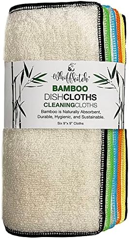 Whiffkitch Bamboo Dishcloths & Cleaning Cloths 6pk, Large 9x9in, Scrub-Non-Scratch, Washable, Reusable, Super Absorbent, Hygienic, Quick Drying, Durable, Kitchen Essential, Washcloth, Dish Rag