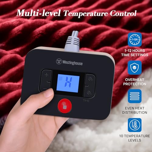 Westinghouse Full Size Heated Blanket, Soft Flannel to Sherpa Reversible, Electric Blanket Full with 10 Heating Settings & 1-12 Hours Auto Shut Off, Machine Washable, (72" x 84", Red)