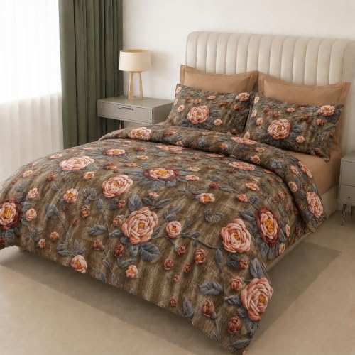 Image of DECOR2ADMIRE 300 TC Premium Printed Super King Size Cotton Bedsheet Set with 2 Pillow Covers | Ultra Soft 108 inch x 108 inch | Brown Rose