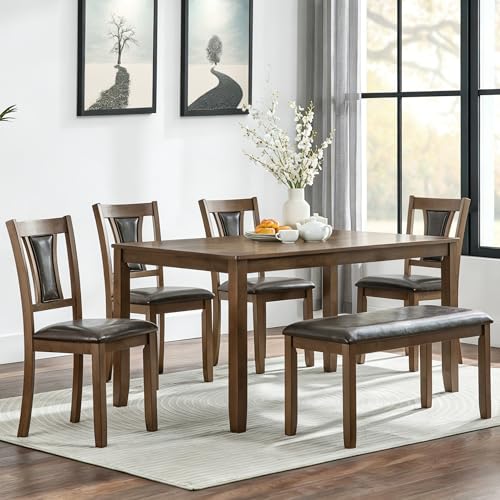 Image of KEIKI 6-Piece Standard Height Dining Table Set with Rectangular Table, 4 Upholstered Chair, Bench, for 6 Person, Farmhouse Rustic Style Table Set, Easy Assembly, for Kitchen, Dining Room, Walnut