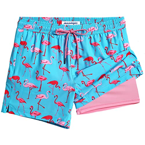 MaaMgic Herren Badehose mit Kompression Badeshorts 2 in 1 | 5.5' Schnelltrocknend lässige Swim Shorts Kurz Boardshorts mit Innenhose Reißverschlusstasche XS - XXL,Hellblau Rosa Flamingo 5.5,L